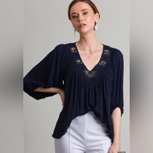 Umgee Swiss Dot Woven V-Neck